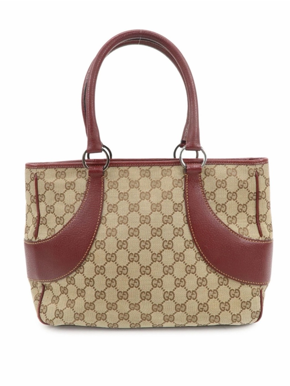 Gucci Beige GG Canvas Tote with Burgundy Leather Trim - Authentic Vintage